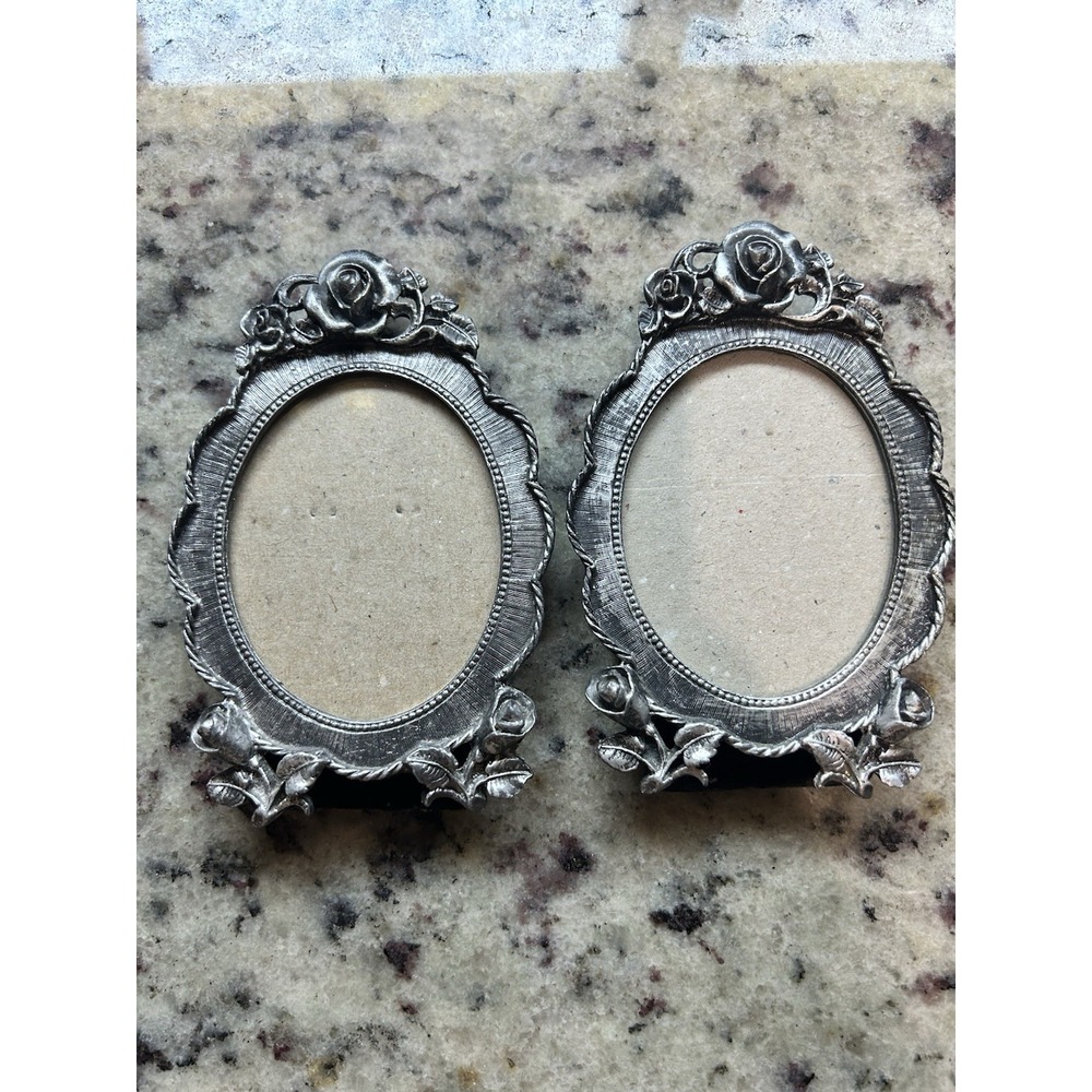 Vintage Pewter Metal Silver Oval Picture Frame Set Of Two Roses Flower